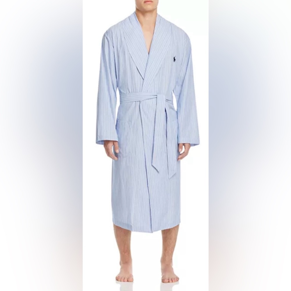 Polo Ralph Lauren Blue and White Striped Cotton Classic Robe Size S/M